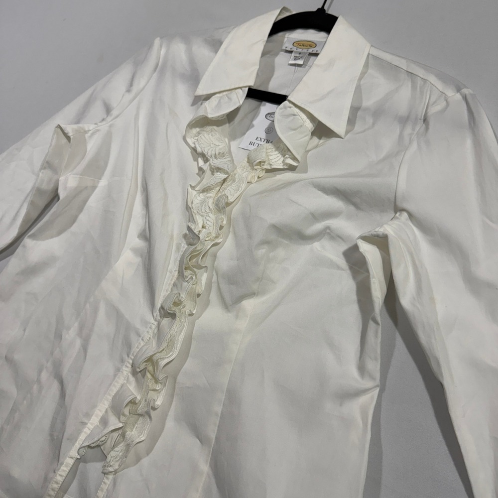 Talbots Ruffle Lace Blouse Women 8P White Button Down Long Sleeve Professional
